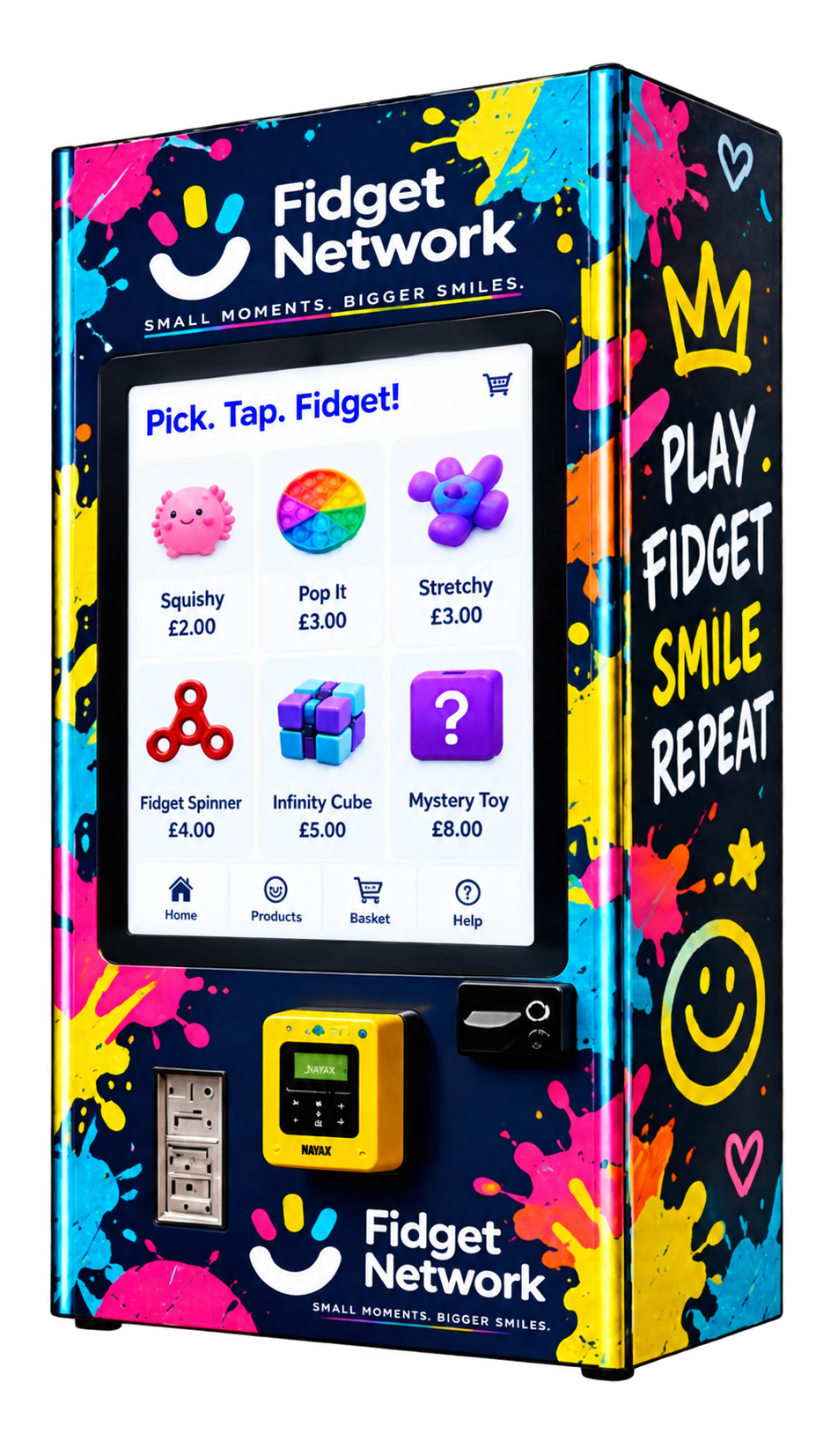 Fidget Network vending machine with colourful splodge wrap and touchscreen