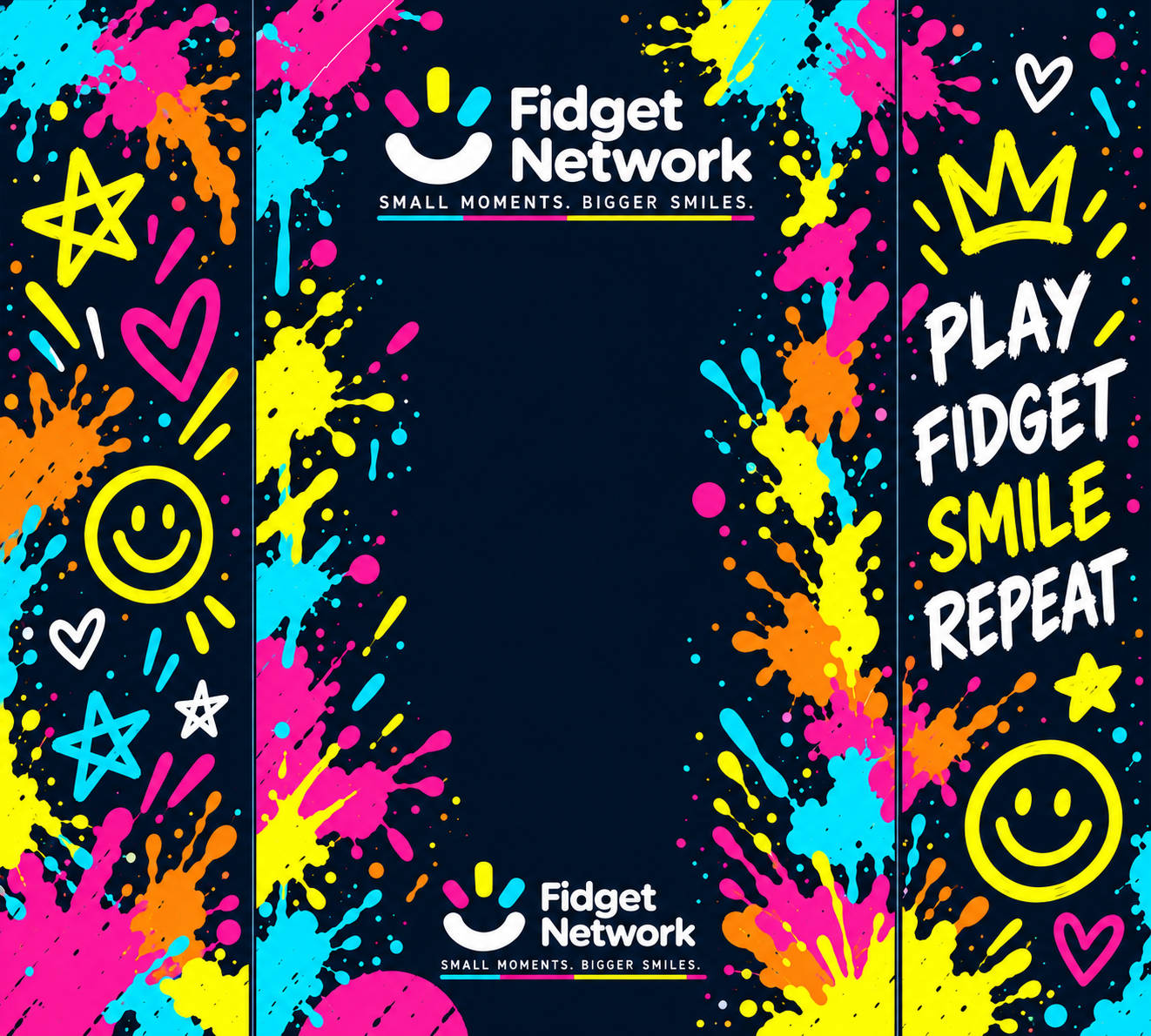 Colourful Fidget Network wrap artwork with paint splodges